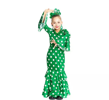 Sevillana verde con lunares blancos para niña