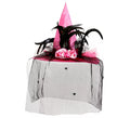 Sombrero Bruja con Velo de Raso, Arañas y Plumas Rosa, 59 cm de circunferencia