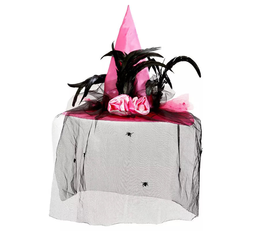 Translation missing: en.Sombrero Bruja con Velo de Raso, Arañas y Plumas Rosa, 59 cm de circunferencia