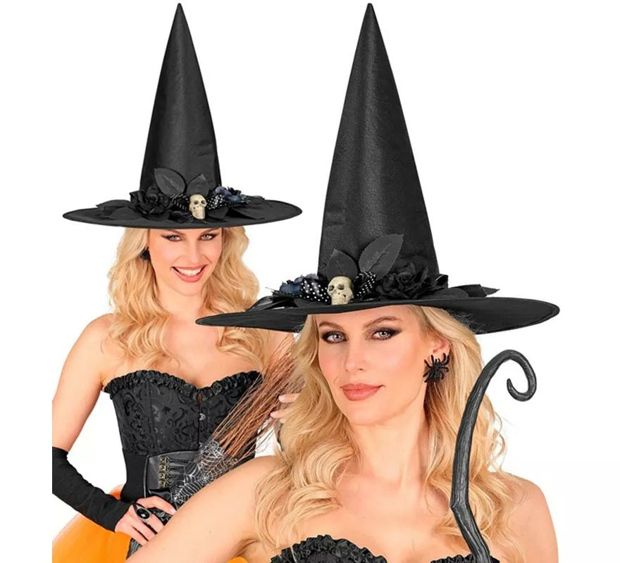 Sombrero de Bruja con Lazo, Calavera y Flores