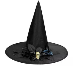 Witch Hat with Bow, Skull and Flowers