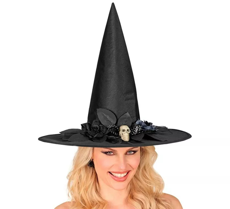 Sombrero de Bruja con Lazo, Calavera y Flores