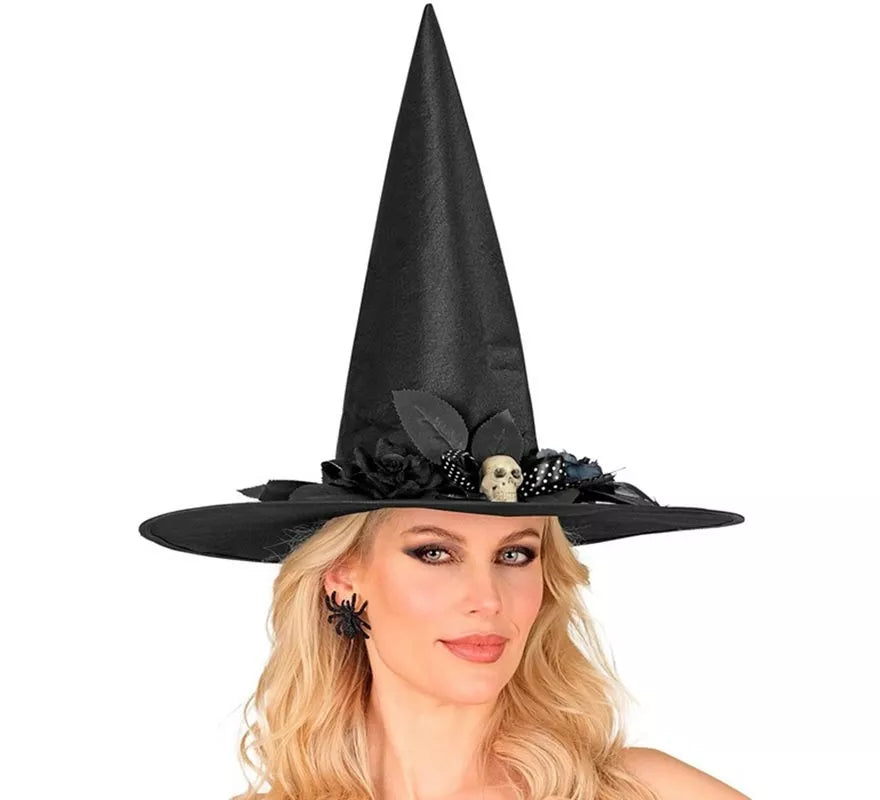 Sombrero de Bruja con Lazo, Calavera y Flores