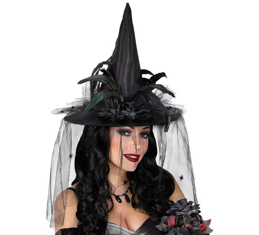 Translation missing: en.Sombrero de Bruja con Tul, Flores y Plumas