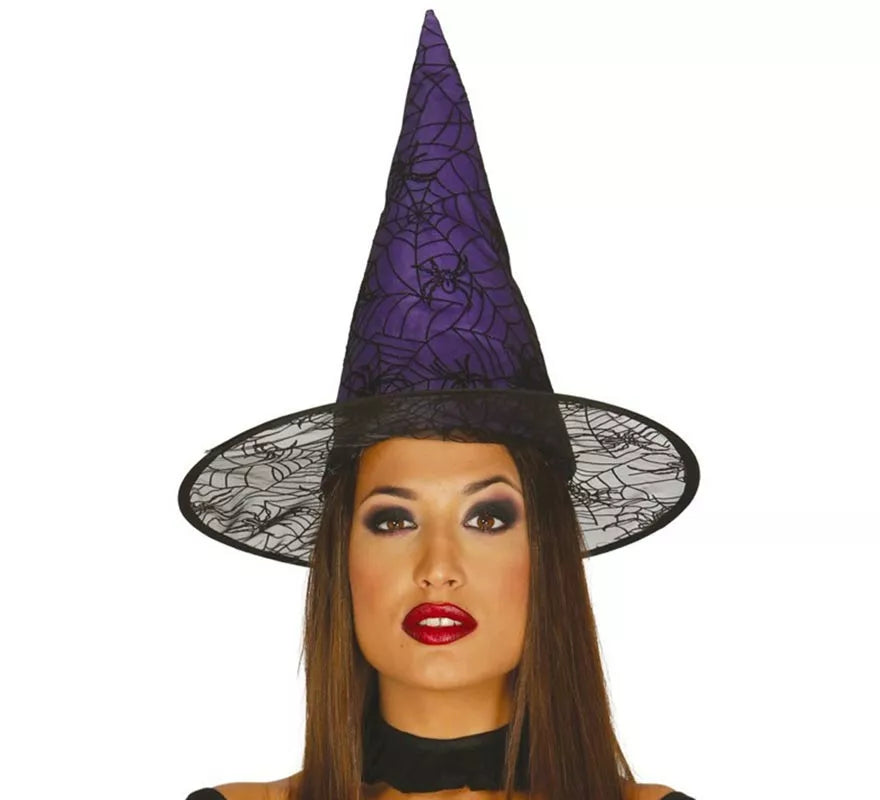 Sombrero de Bruja lila con telarañas y arañas