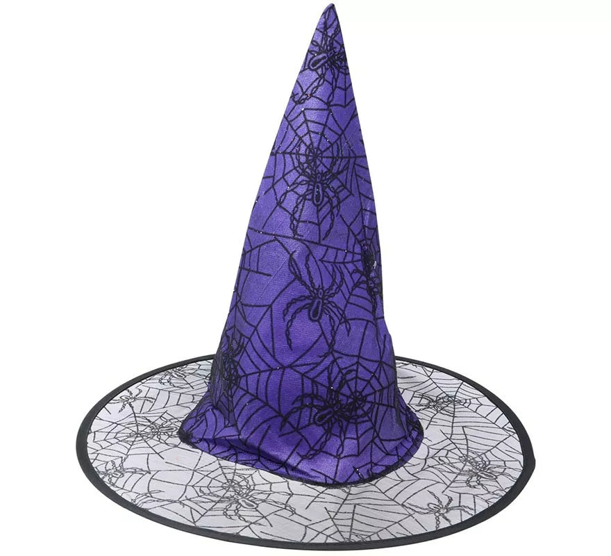 Sombrero de Bruja lila con telarañas y arañas