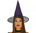 Sombrero de Bruja lila con telarañas y arañas