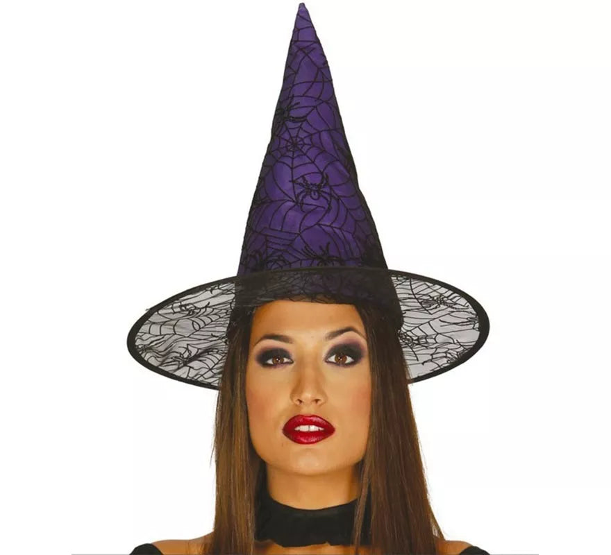 Sombrero de Bruja lila con telarañas y arañas