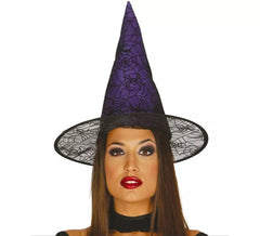 Lilac witch hat with cobwebs and spiders