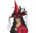 Sombrero de Bruja Rojo con plumas y velo