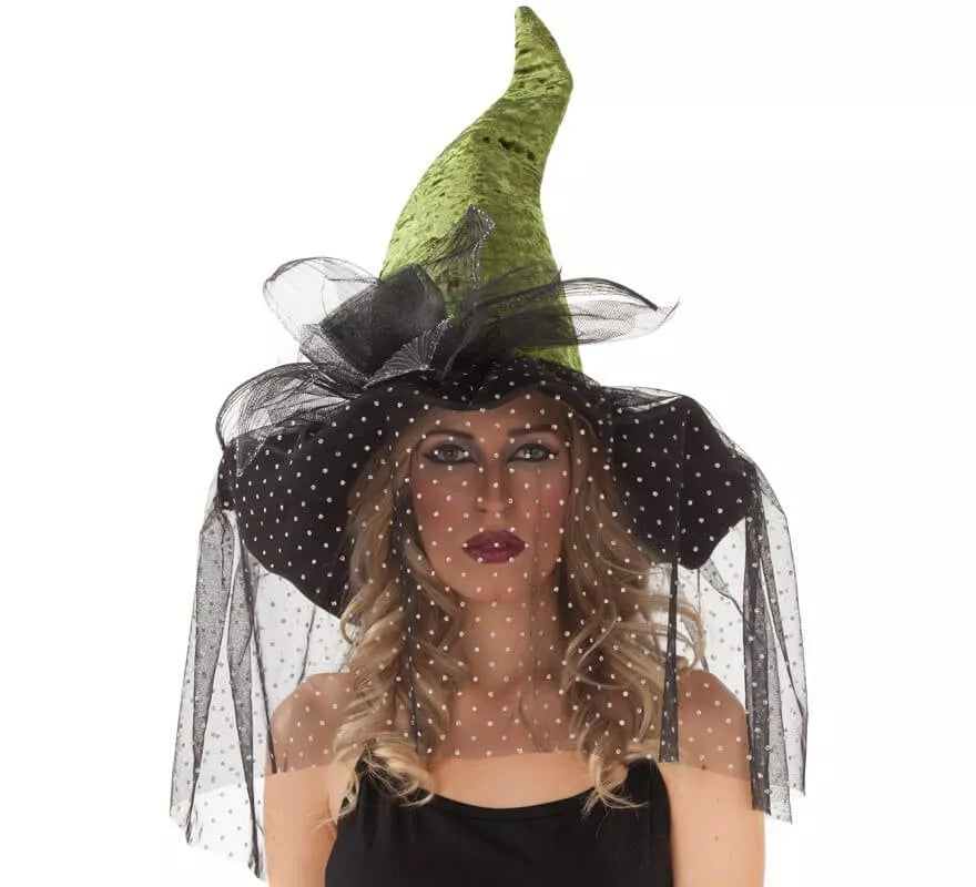 Sombrero de Bruja verde con Velo 59 cm