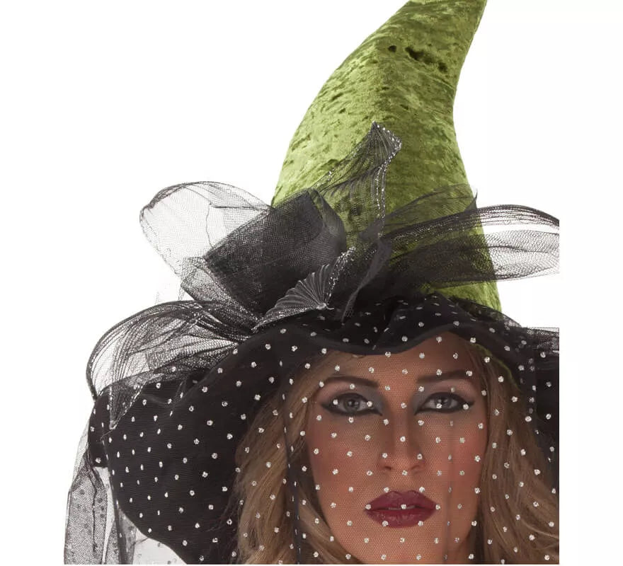 Sombrero de Bruja verde con Velo 59 cm