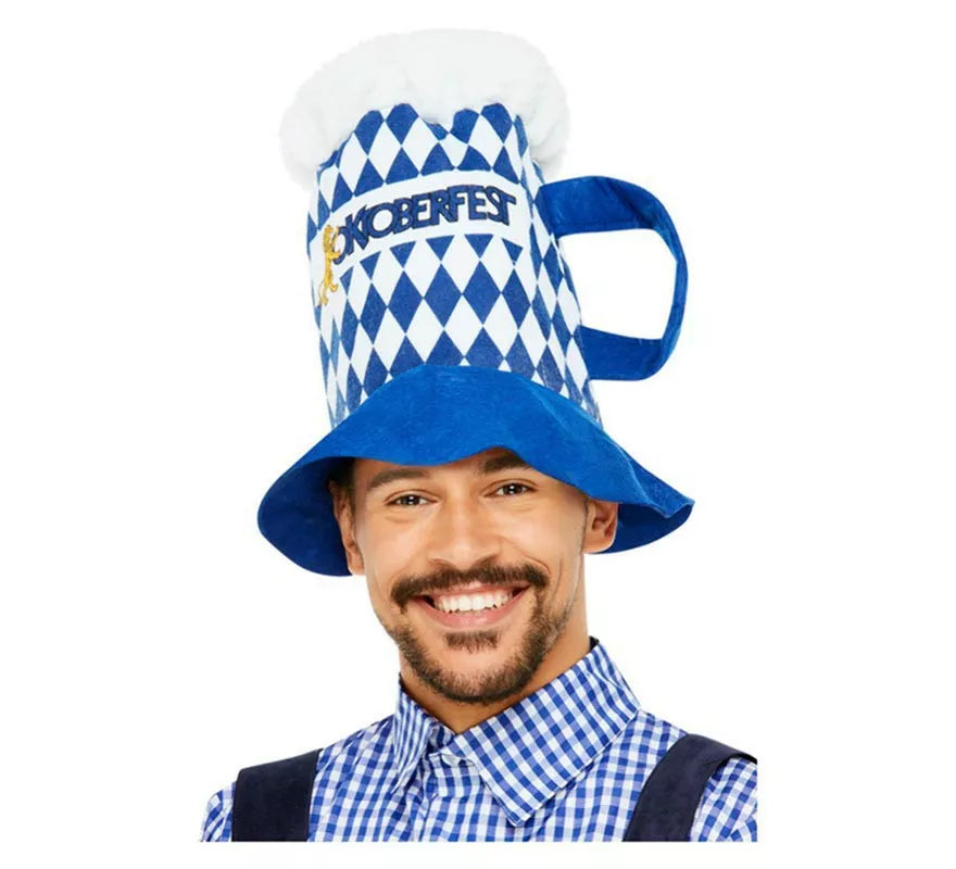 Sombrero de Cerveza de Cuadros Oktoberfest Azul y Blanco con Asa