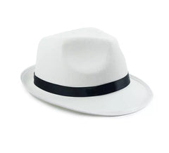 White Gangster Hat with Black Ribbon