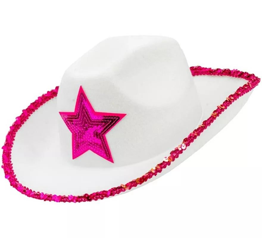 Sombrero de Vaquera blanco con Lentejuelas rosa