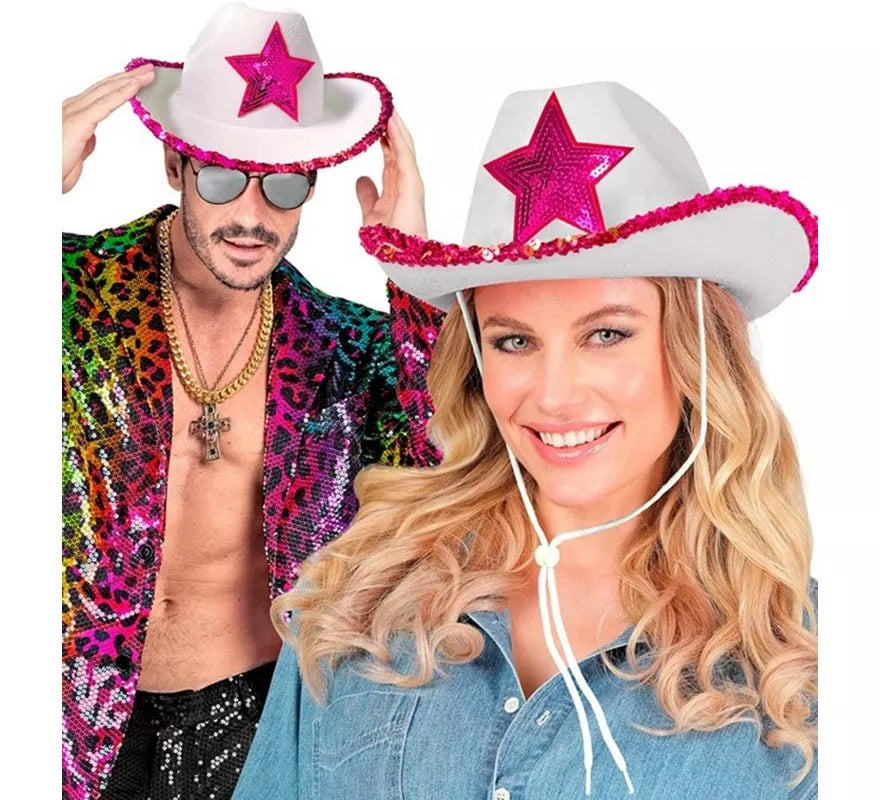 Sombrero de Vaquera blanco con Lentejuelas rosa