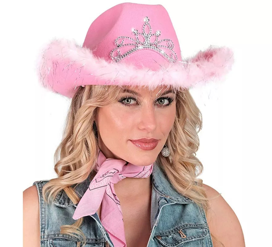 Sombrero de Vaquera con Tiara y Borde de Plumas en varios colores
