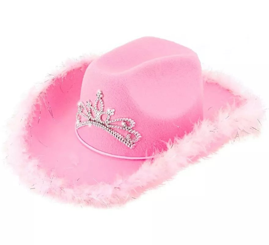 Sombrero de Vaquera con Tiara y Borde de Plumas en varios colores