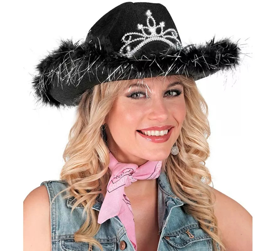 Sombrero de Vaquera con Tiara y Borde de Plumas en varios colores