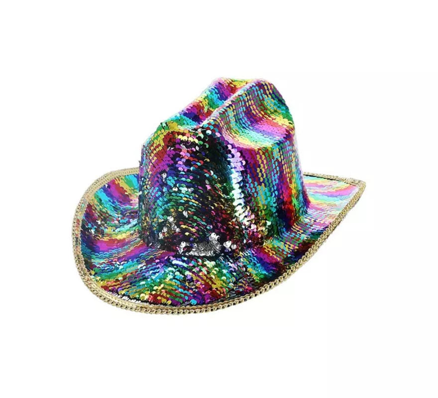 Sombrero de Vaquero con lentejuelas multicolor Deluxe arcoíris adulto