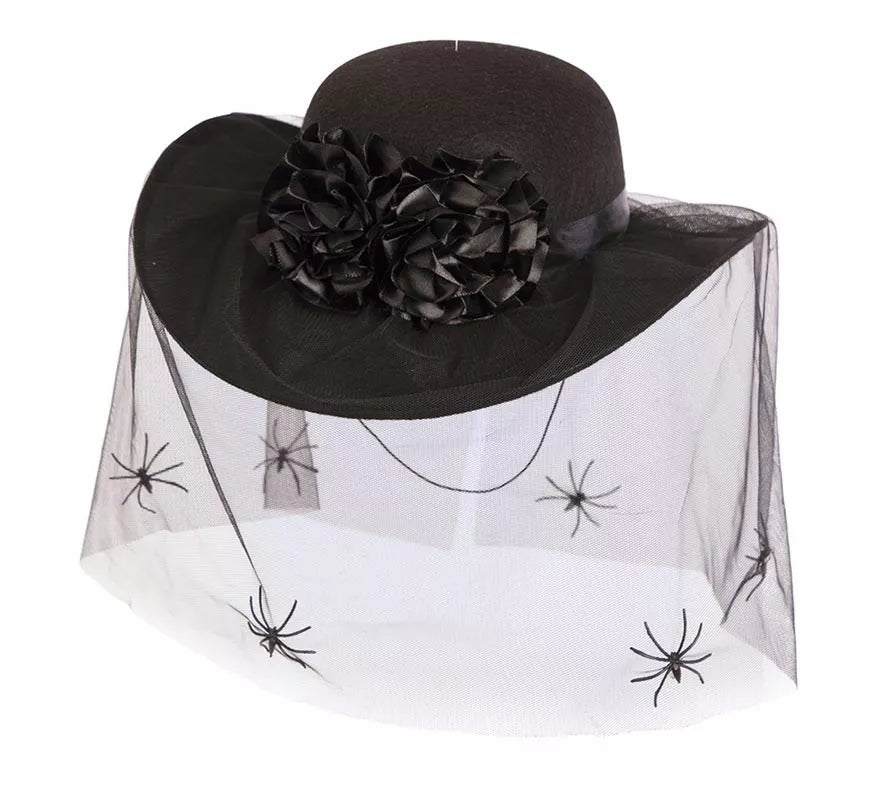 Sombrero de Viuda negra rosas y arañas de 35x30x9 cm