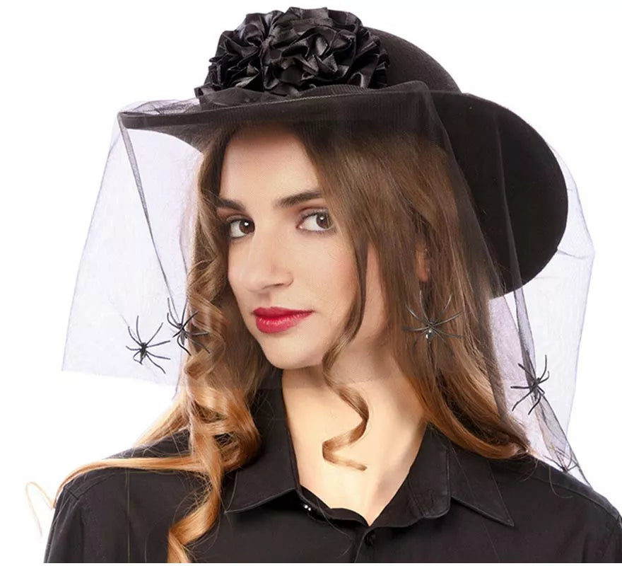 Sombrero de Viuda negra rosas y arañas de 35x30x9 cm