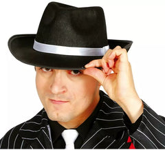 Black Gangster Hat with White Ribbon