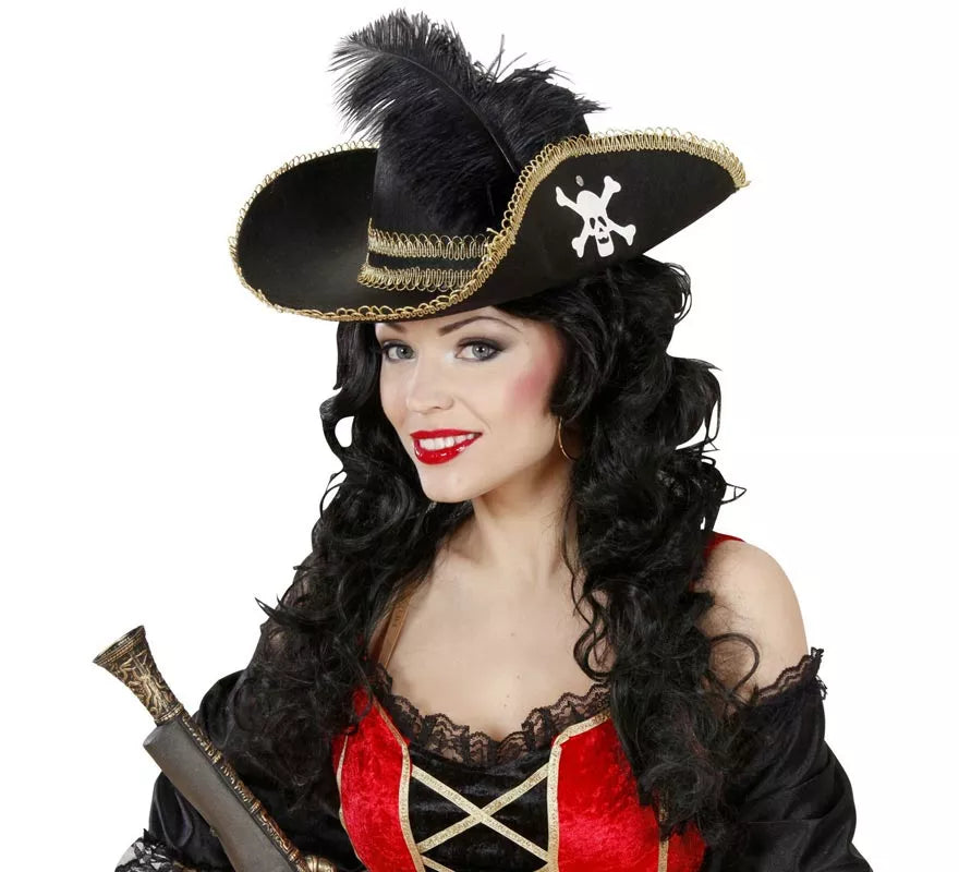 Sombrero Pirata negro con Pluma de fieltro