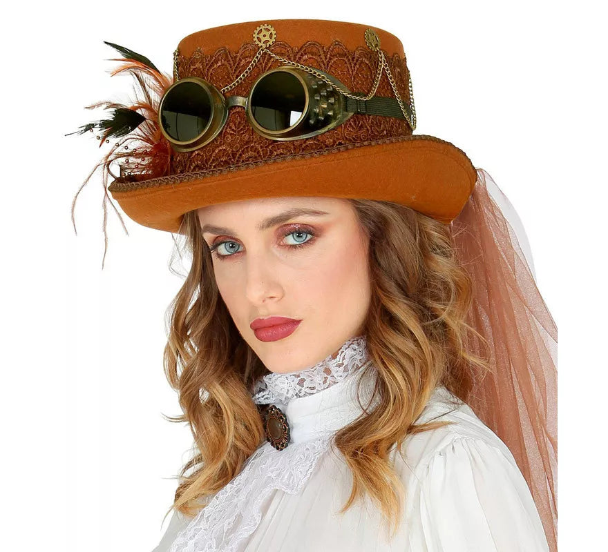 Sombrero Steampunk Top de Fieltro con Velo