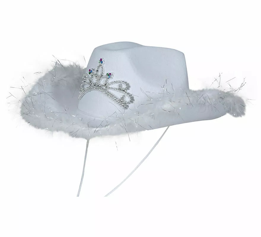 Sombrero Vaquero con boa blanco de fieltro adulto