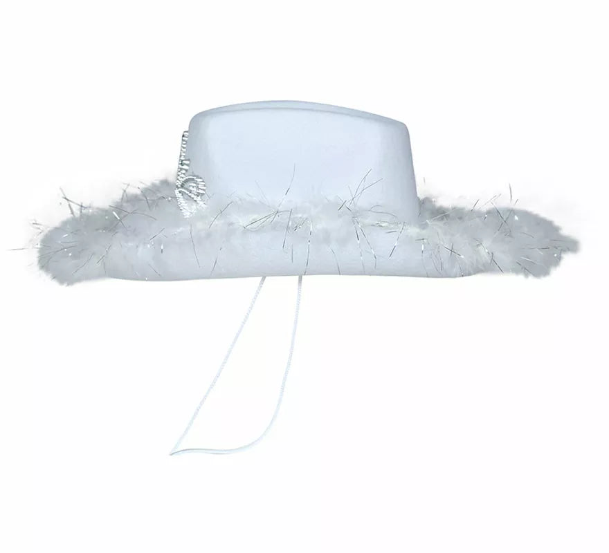 Sombrero Vaquero con boa blanco de fieltro adulto