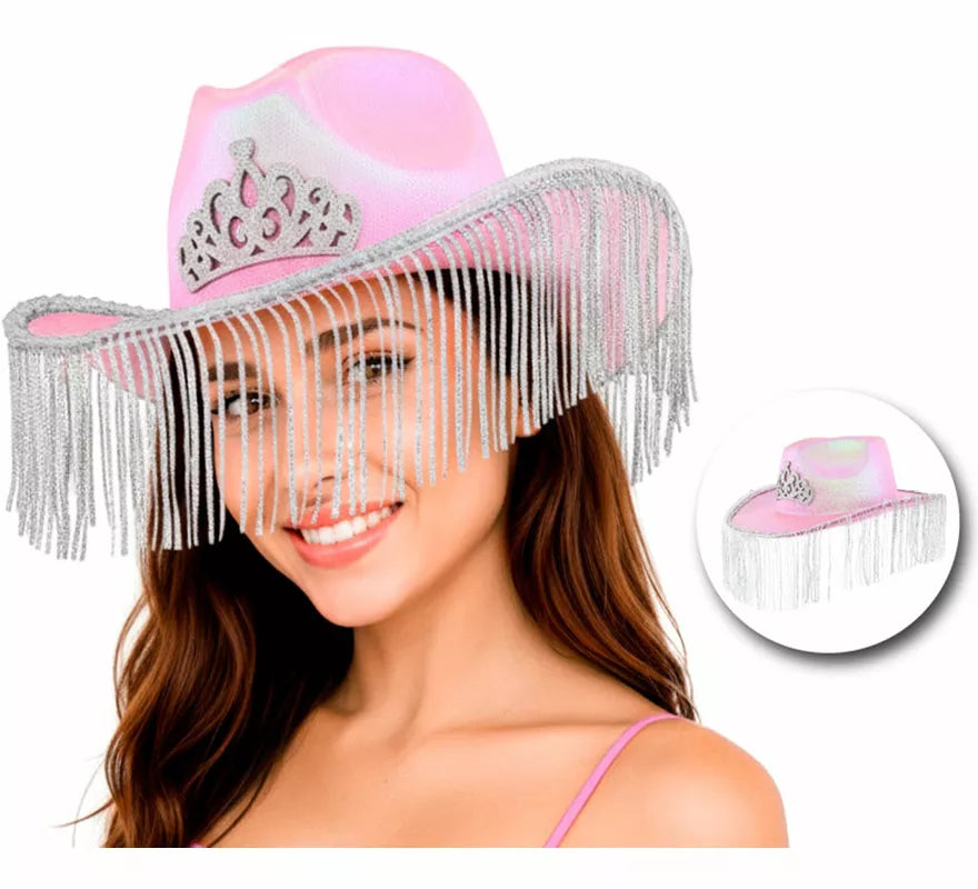 Sombrero Vaquero rosa con Flecos