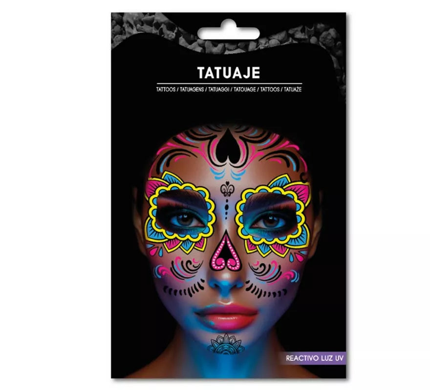 Translation missing: en.Tatuaje Catrina amarillo y rosa fluorescente