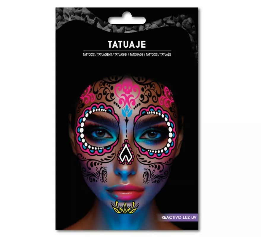 Translation missing: en.Tatuaje Catrina rosa y azul fluorescente
