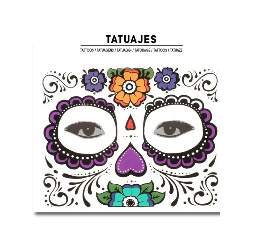 Translation missing: en.Tatuaje facial de Catrina flores moradas adulto