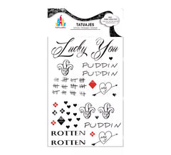 Black and red conflicting Harlequin tattoos with text