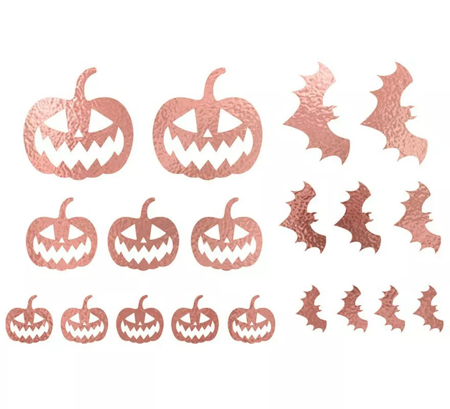 Tatuajes de Calabaza y Murciélagos en oro y rosa