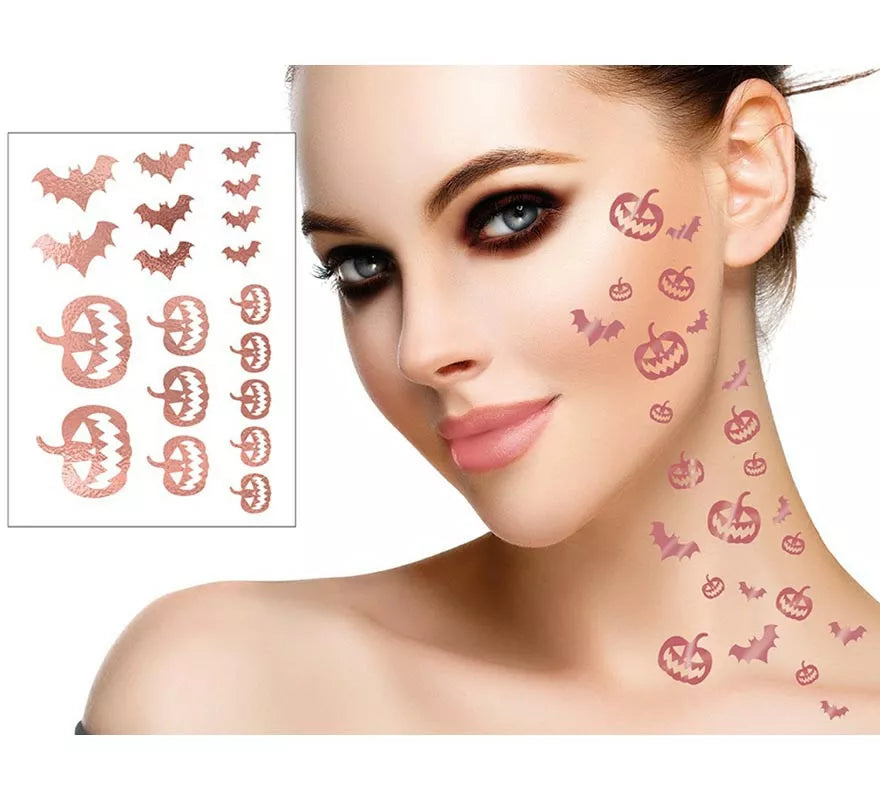 Tatuajes de Calabaza y Murciélagos en oro y rosa