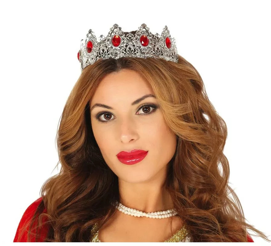 Tiara Plateada con Piedras Rojas de Reina