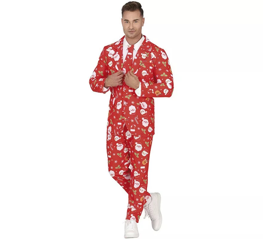 Traje Divertido de Papá Noel rojo con corbata para hombre