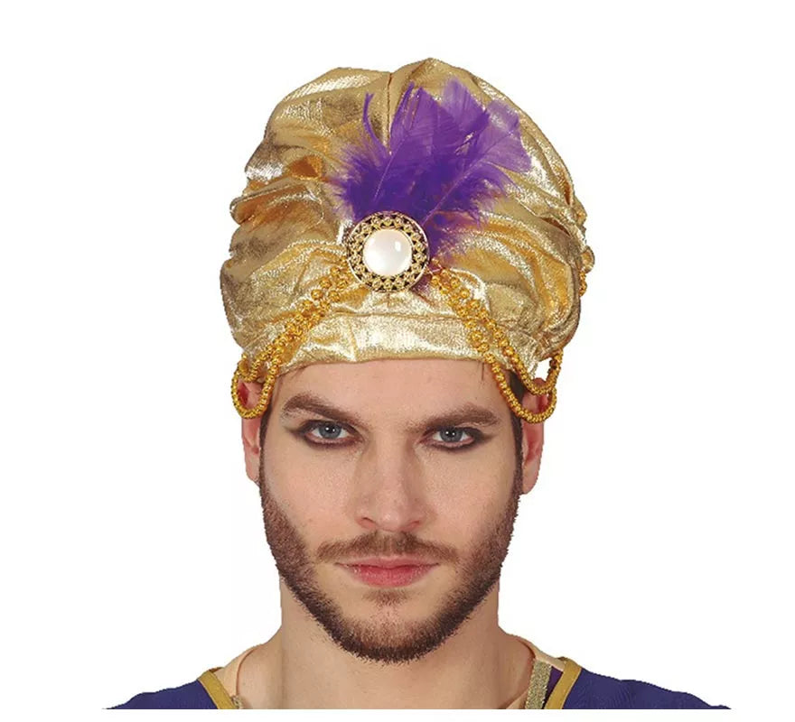 Turbante Dorado con Pluma Morada para hombre