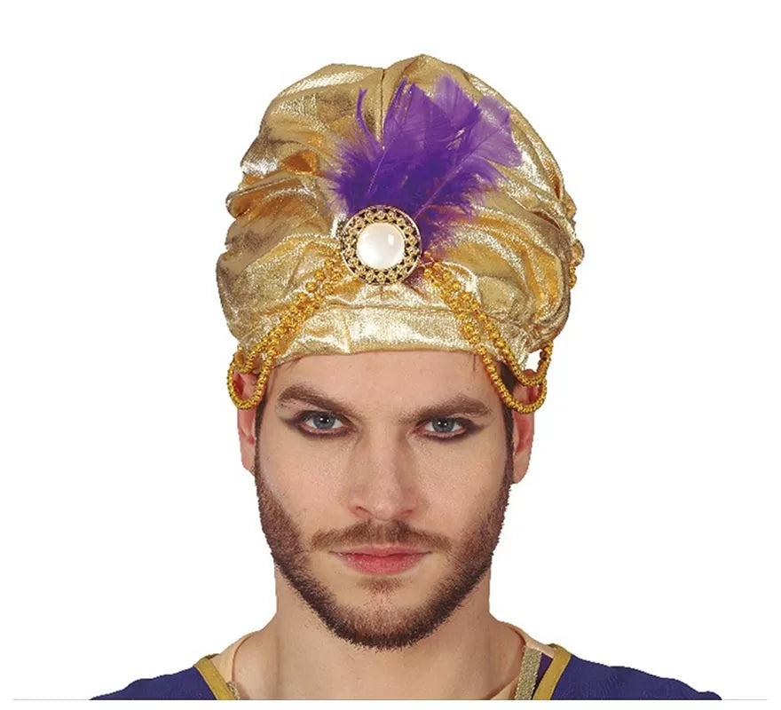 Translation missing: en.Turbante Dorado con Pluma Morada para hombre