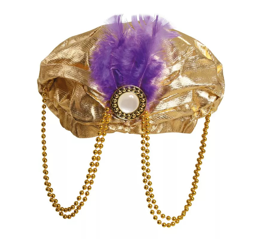 Turbante Dorado con Pluma Morada para hombre