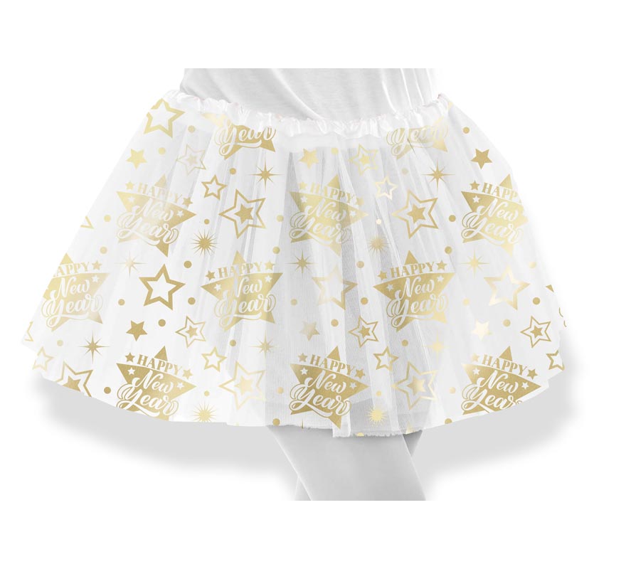 Tutú Happy New Year blanco y dorado infantil de 30 cm