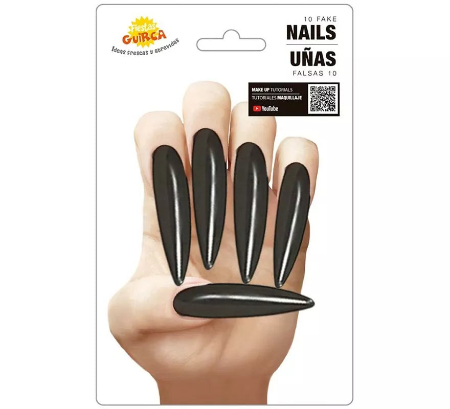 Uñas negras postizas ultralargas 10 unidades