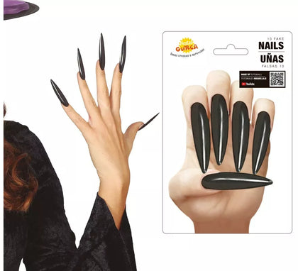 Uñas negras postizas ultralargas 10 unidades