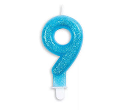 Birthday Candle with Glitter Number 9 in Blue