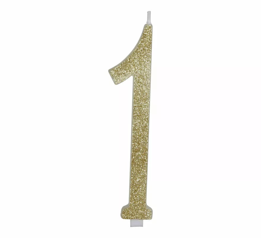 Vela Escarchada Oro Número 1, de 12.5 cm