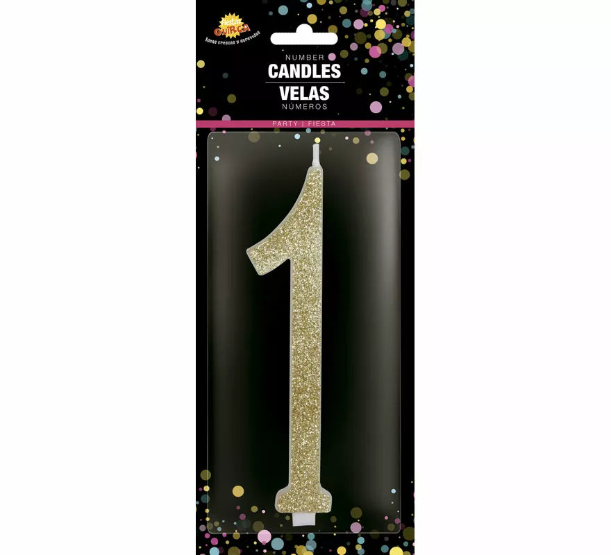 Vela Escarchada Oro Número 1, de 12.5 cm