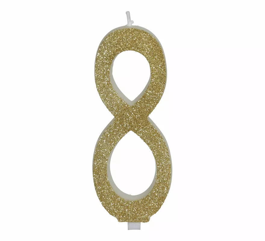 Vela Escarchada Oro Número 8, de 12.5 cm